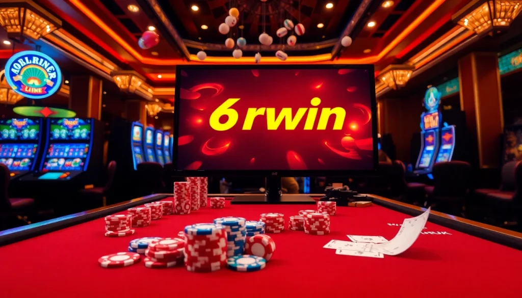 Engaging scene of online gambling featuring the 6rwin Link on an elegant casino table with cards, chips, and a roulette wheel.