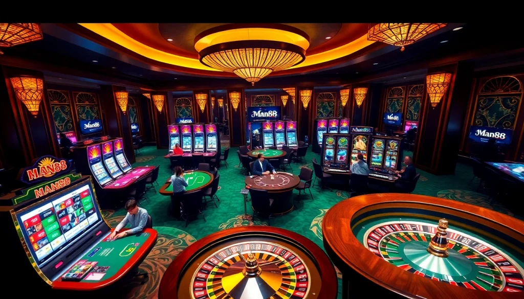 Engaging gamblers at a luxurious casino table featuring Man88 branding and vibrant slot machines.
