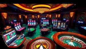 Engaging gamblers at a luxurious casino table featuring Man88 branding and vibrant slot machines.