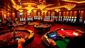 Action-packed casino scene showcasing 7upbet online gaming with roulette, poker, and vibrant lights.