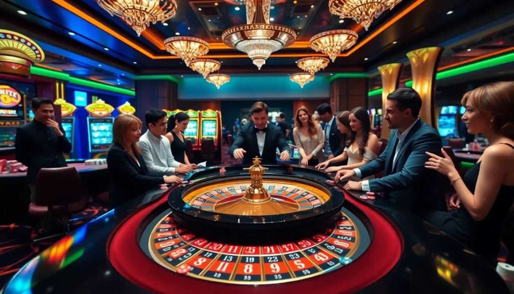 Players engaging in thrilling bets at the luxurious casino of https://xx88.nl/ with a vibrant roulette table.