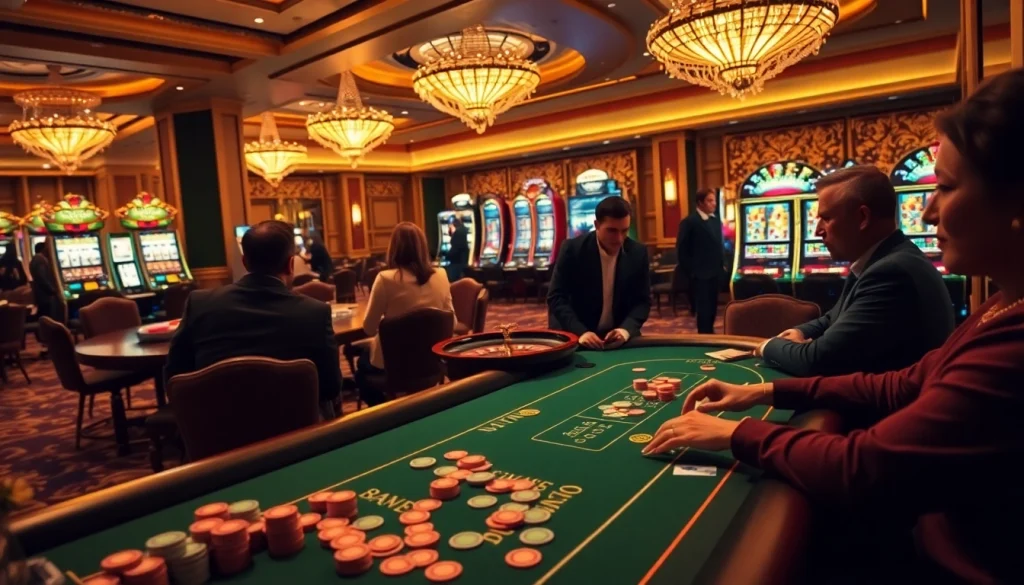 Gambling enthusiasts enjoying high-stakes poker at https://www.kjc.global/ showcasing vibrant casino atmosphere.
