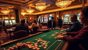Gambling enthusiasts enjoying high-stakes poker at https://www.kjc.global/ showcasing vibrant casino atmosphere.