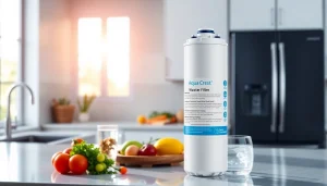 AQUA CREST DA97-17376B Replacement for Samsung DA97-08006C water filter displayed in a modern kitchen with fresh produce.