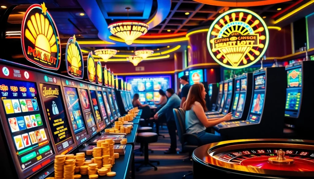 Excited players enjoying idn slot machines in a vibrant casino atmosphere.