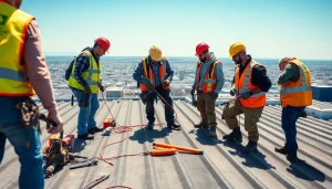 Workers performing commercial roofing services on a large roofing project in an urban setting.
