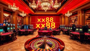 Experience the luxury of xx88 gaming with vibrant casino atmosphere showcasing poker, roulette, and slot machines.