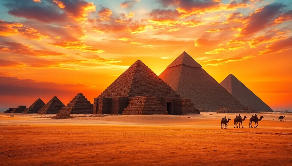 View of the Great Pyramids of Giza with stunning sunset lighting at https://piraminds.com/