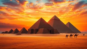 View of the Great Pyramids of Giza with stunning sunset lighting at https://piraminds.com/