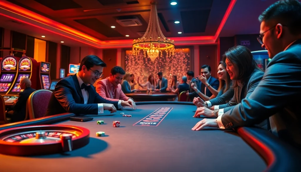 Người chơi hào hứng tham gia tại bàn poker LUCK8、LUCKY8 ở một casino sang trọng.