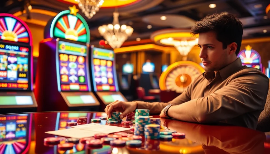 Suasana yang hidup di kasino dengan taruhan slot 200 ditampilkan saat seorang pemain memasang taruhannya.