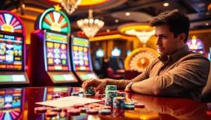 Suasana yang hidup di kasino dengan taruhan slot 200 ditampilkan saat seorang pemain memasang taruhannya.