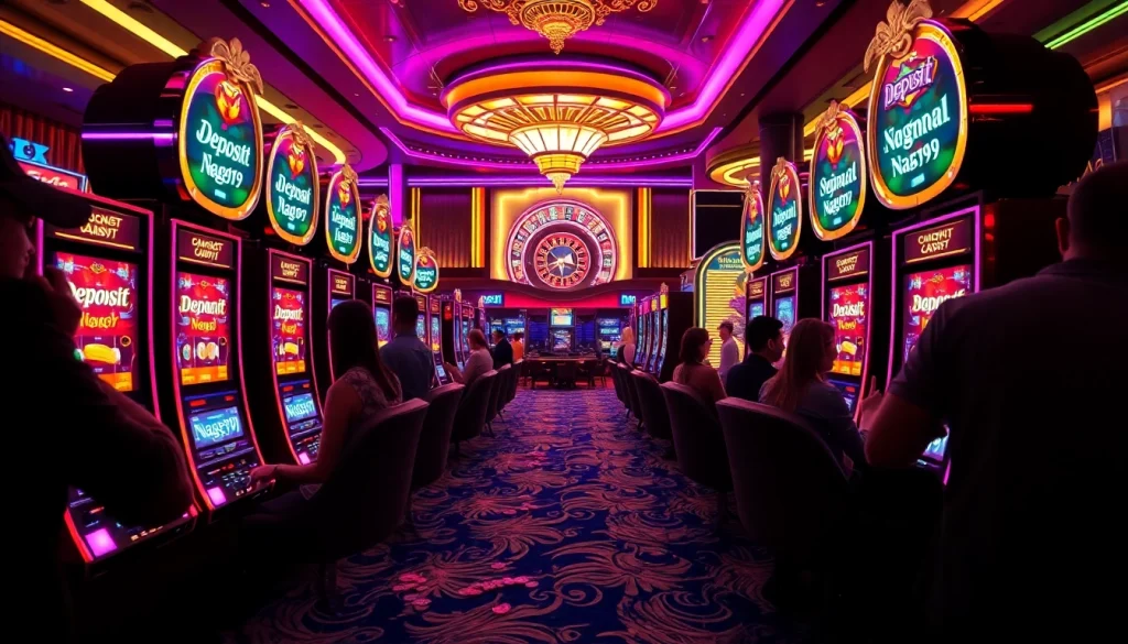 Experience exciting gameplay with deposit minimal Naga169 on vibrant slot machines in a luxury casino.