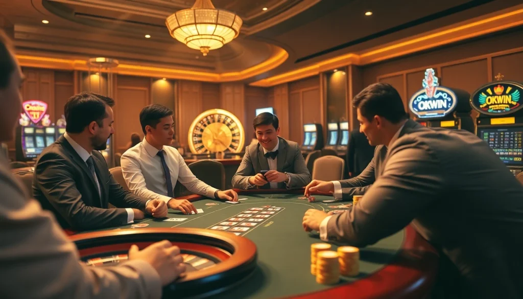 Engaged players at a luxurious poker table showcasing the https://okwin.blog online gaming experience.