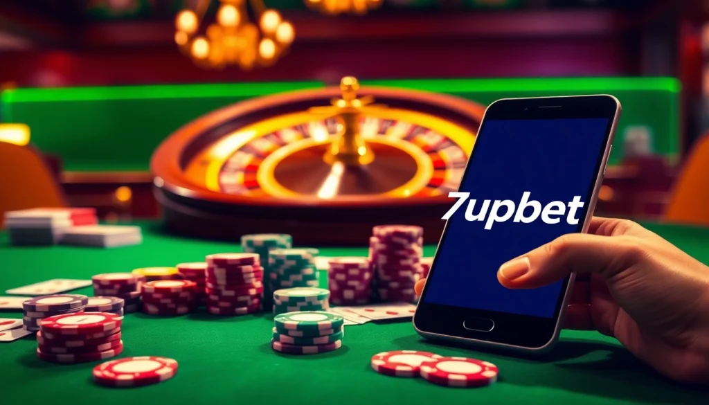 Engaged gamblers placing bets at a luxury poker table featuring 7upbet visuals and vibrant casino elements.