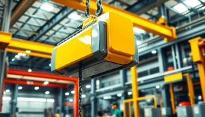 Electric chain hoist crane lifting heavy loads in an industrial setting.