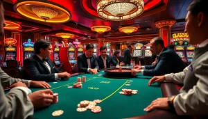 OKVIP players engaging at a high-stakes poker table in a vibrant casino atmosphere.