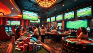 Engaged gamblers learning how to แทงบอลยังไง at a vibrant sports betting area.