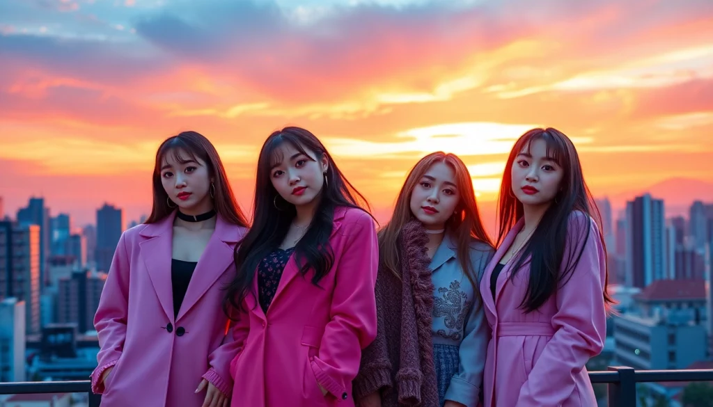 Vibrant portrayal of blackpink members in an urban setting with unique styles.