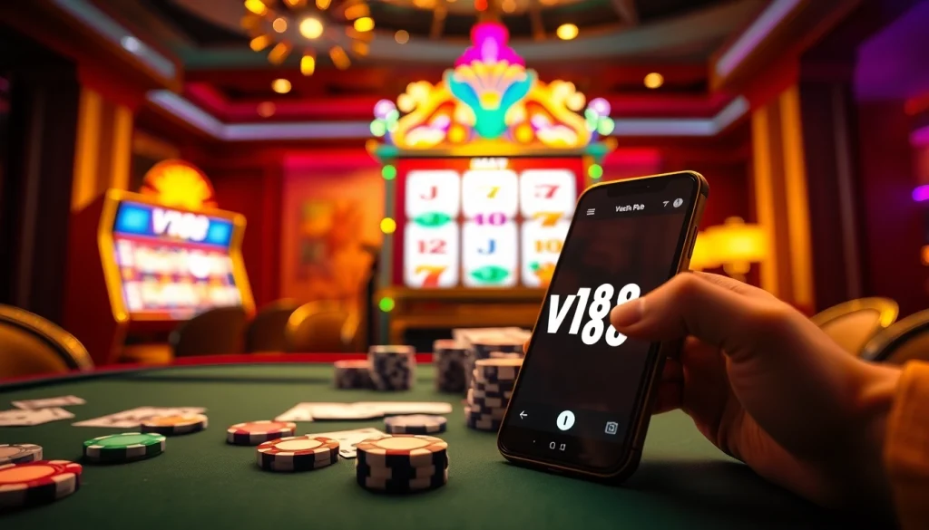 Engage in the thrill of casino games with vn168 đăng nhập, featuring vibrant slot machines and poker chips.