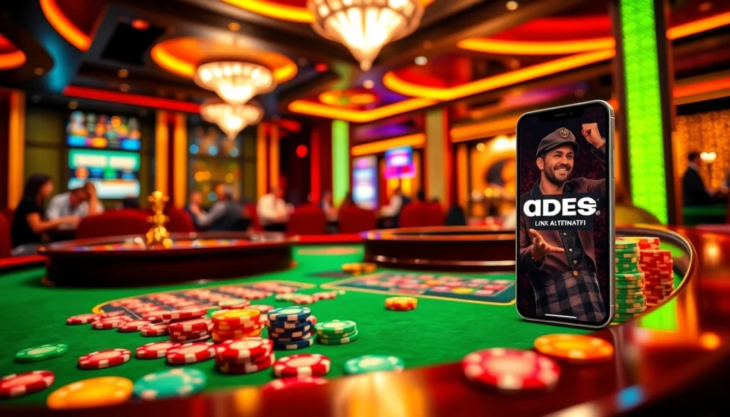 Engaging players using sbobet link alternatif on a vibrant casino table with roulette and poker chips.