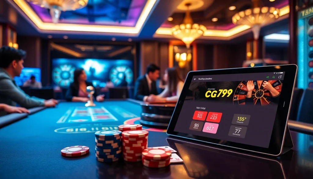 Tận hưởng poker cược cao với ứng dụng cg 79 trong một casino sang trọng.