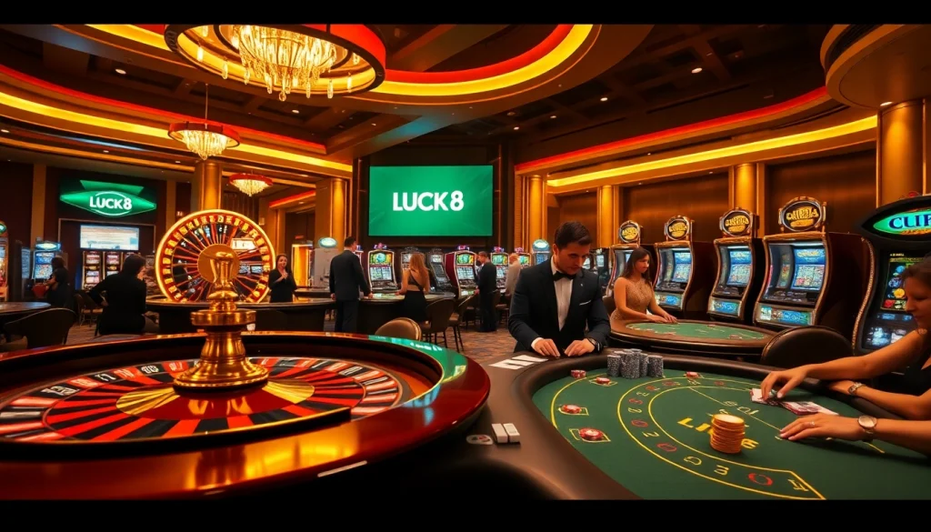 Cảnh casino sống động với logo LUCK8, người chơi đang thưởng thức poker, roulette và máy đánh bạc.