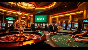 Cảnh casino sống động với logo LUCK8, người chơi đang thưởng thức poker, roulette và máy đánh bạc.