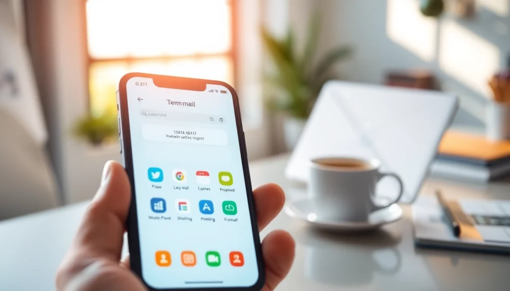 Showcase interaction with the temp mail app on a smartphone in a vibrant workspace.
