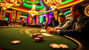 Players at a blackjack table in an exciting casino scene featuring https://kjc.uk.com/ gaming atmosphere.