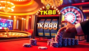 Engage in the thrilling experience of the TK88 slot machine amidst a vibrant casino atmosphere.