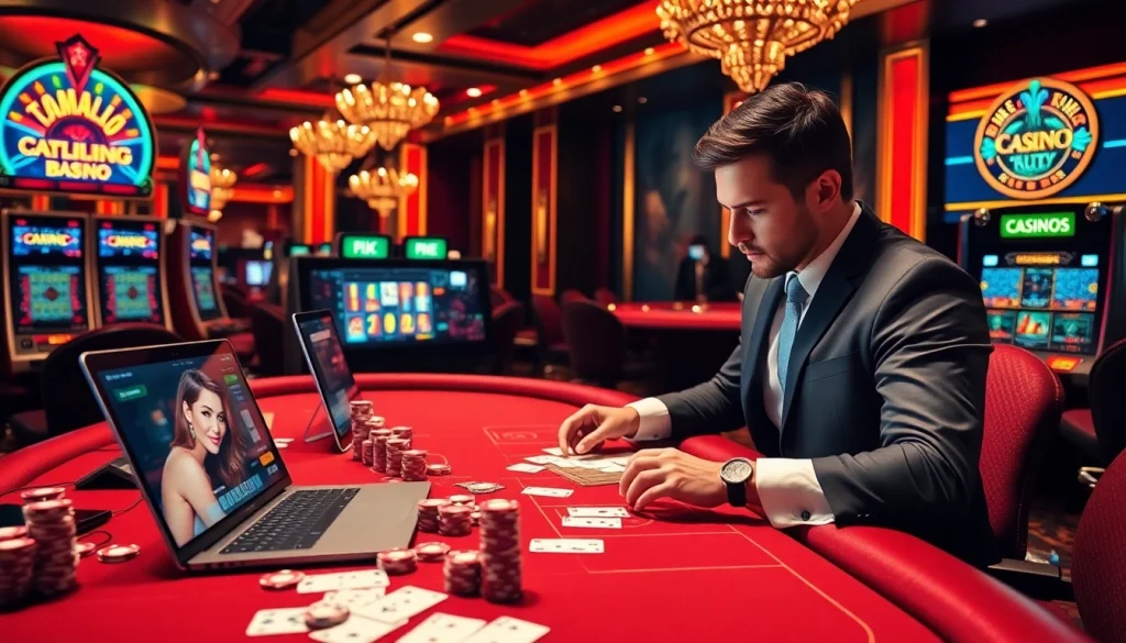 A professional gambler engaging with high-stakes gameplay at https://sa88.it.com/ casino, featuring vibrant slot machines and poker elements.