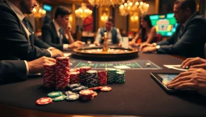 Engaging poker table scene at https://lc88.jpn.com/ with vibrant chips and elegant atmosphere.