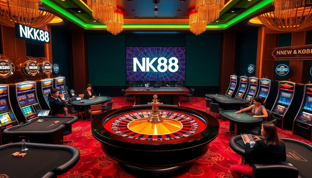 Players engaging in thrilling games at NK88 casino tables with vibrant chips.