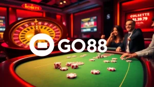 Exciting GO88 online gaming scene featuring vibrant poker tables and glowing betting slips