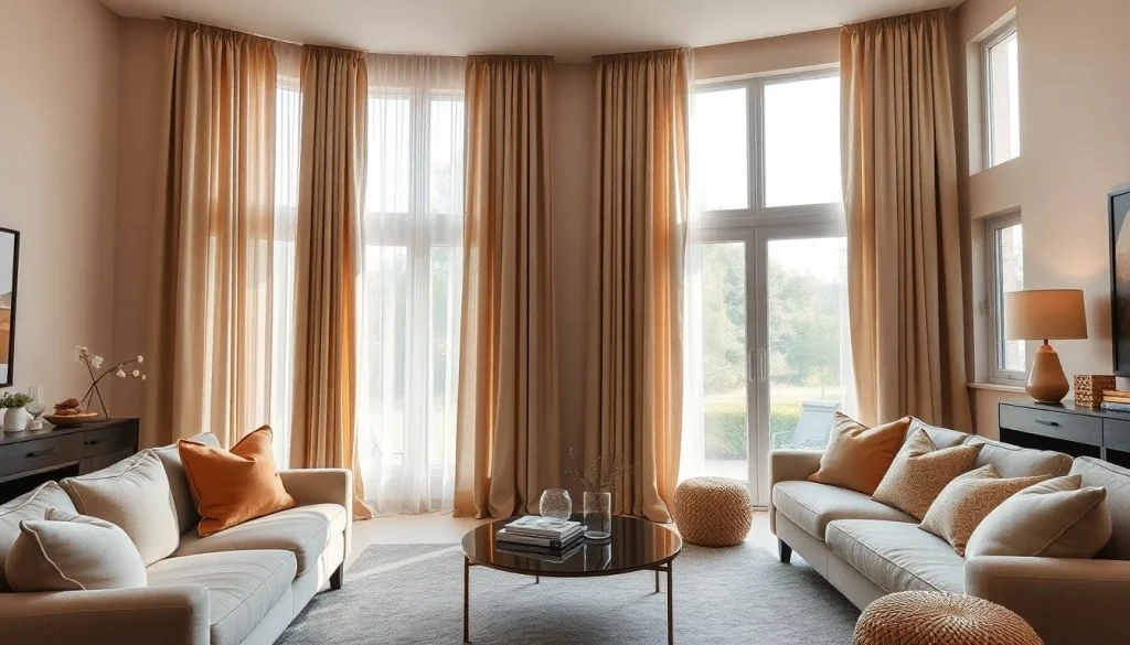Verduisterende gordijnen in een elegante woonkamer die natuurlijk licht filteren.