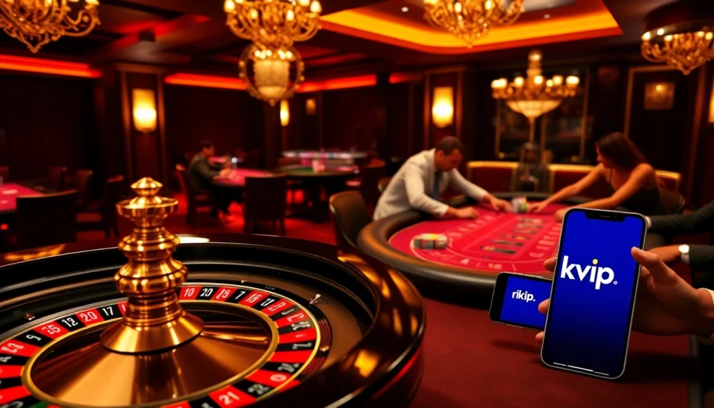 Players engaging in high-stakes games at a luxurious rikvip casino with poker chips and cards.
