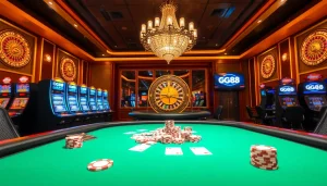 Exciting GG88 online gaming scene with poker chips, cards, and a roulette wheel.