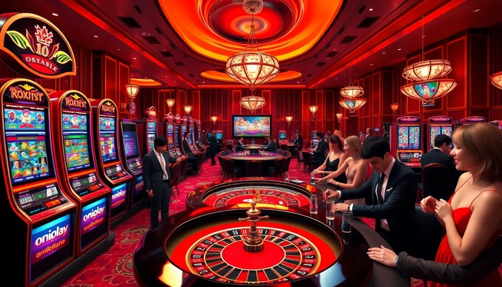 Engage in thrilling games at onicplay casino with vibrant slots, roulette tables, and lively players.