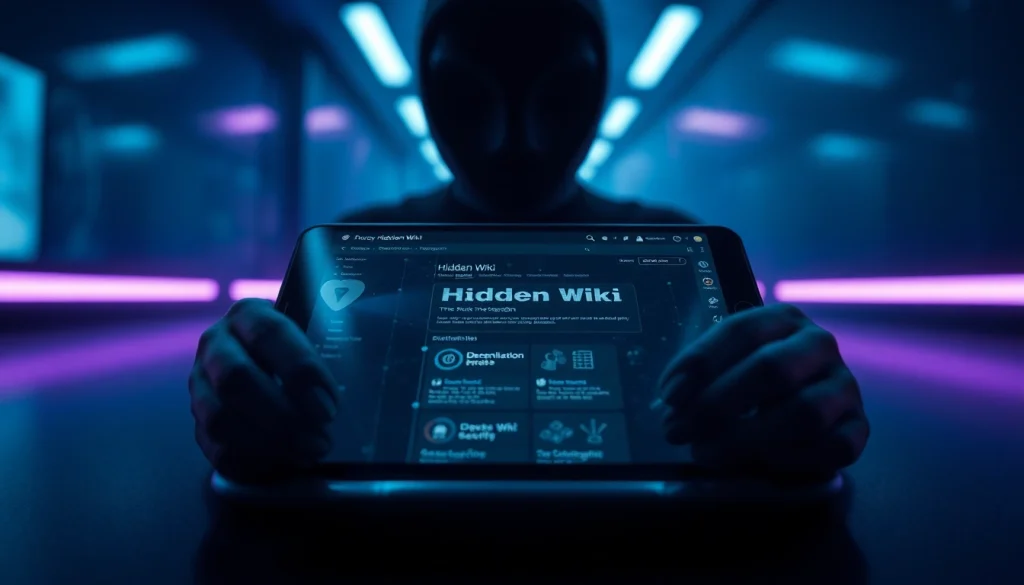 Futuristic dark web interface showcasing the Hidden Wiki with AI and security elements.