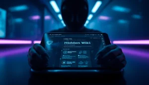 Futuristic dark web interface showcasing the Hidden Wiki with AI and security elements.