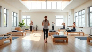 台東区の多様な参加者が集まる、魅力的な雰囲気のピラティスクラス。