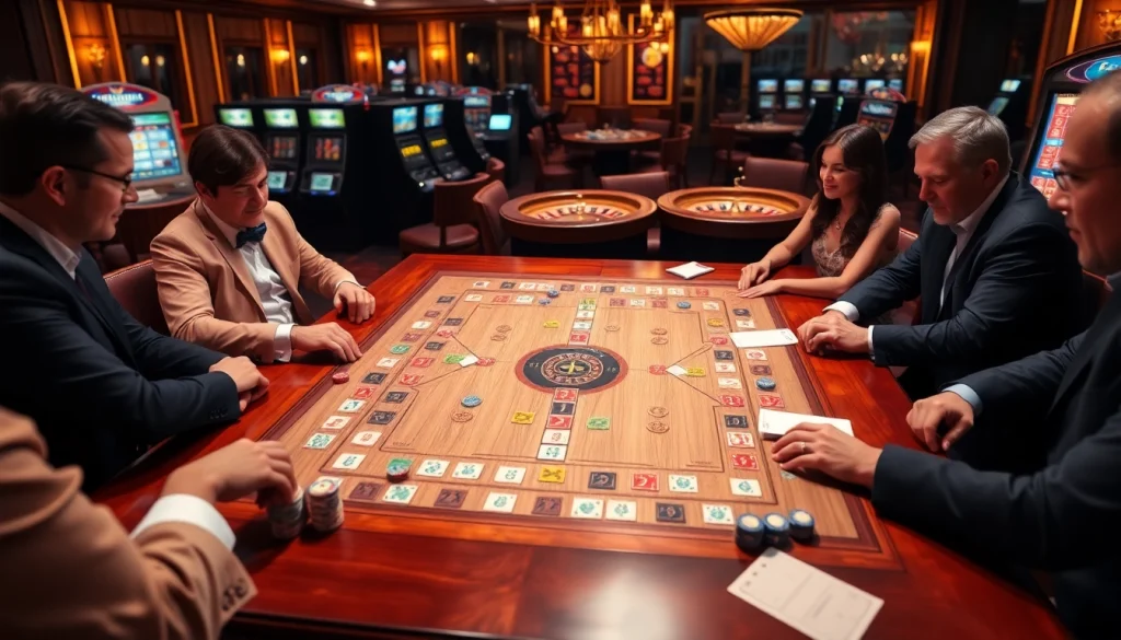 Experience the thrill of רמיקוב אונליין in this engaging casino scene with players and vibrant tiles.