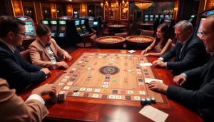 Experience the thrill of רמיקוב אונליין in this engaging casino scene with players and vibrant tiles.