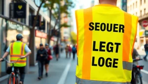 Atsvaitinė saugos liemenė su pritaikomu tekstu ir logotipais miesto aplinkoje, iliustruojanti atsvaitinę liemenę su užrašu.