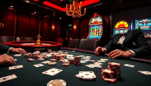 Players experiencing excitement at a casino table on mk8th.net, showcasing high-stakes poker action.