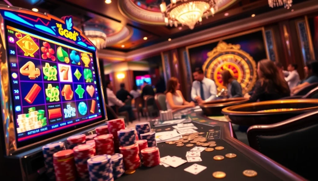 Players excitedly engage with the gg88 slot machine amid vibrant casino elements.