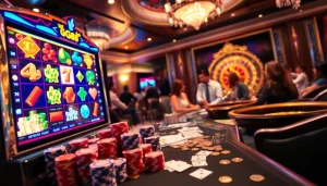 Players excitedly engage with the gg88 slot machine amid vibrant casino elements.