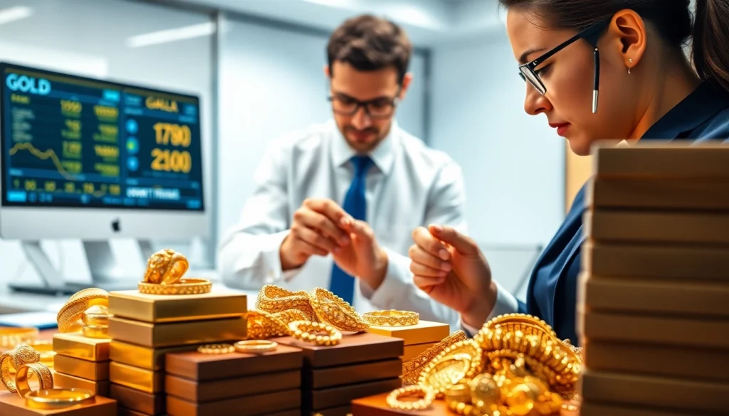 Vendi oro a distanza, esperto valuta gioielli in un ambiente professionale