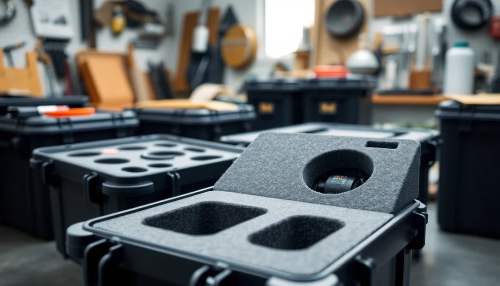 Protective foam Pelican Cases neatly arranged, demonstrating custom fit options for various equipment.